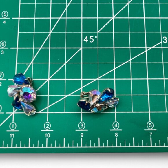 Vintage Blue and AB Rhinestone Clip-On Earrings Large Stones Prong Set Silver - Picture 10 of 10